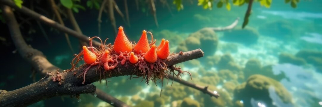 Mangrove propagules on a partially submerged branch, propagules,