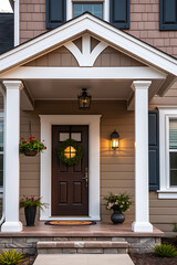Elegant Home Exterior: Classic Porch Design with Modern Touches.  Beautiful front door, landscaping, and architectural details create a welcoming entrance.