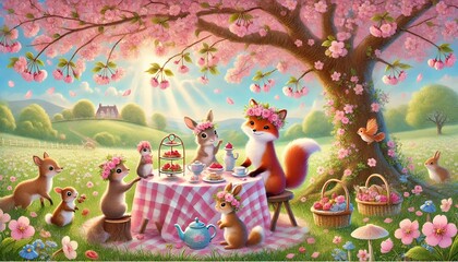Obraz premium A delightful tea party under a blooming cherry blossom tree, featuring woodland animals enjoying cakes, cookies, and tea in a serene meadow.