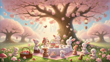 A whimsical and heartwarming scene of animals having a delightful tea party beneath a blooming cherry blossom tree, surrounded by soft pastel colors, sparkling light