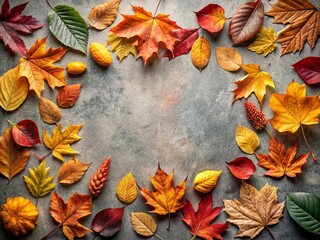 Autumn Flat Lay: Dried Leaves Frame on Gray Background - Thanksgiving & Fall Concept