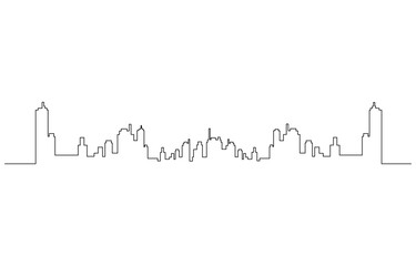 Obraz premium Modern cityscape continuous one line vector drawing. Metropolis architecture panoramic landscape, Cityscape in continuous one line vector drawing. Modern flat line landscape vector.