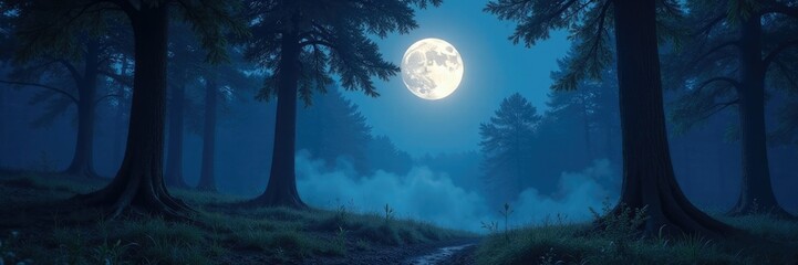 Fototapeta premium Silvery moonlight illuminates a serene forest scene, glow, sparkling