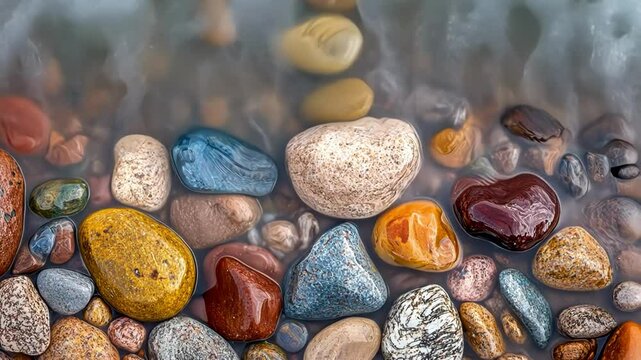 Top-down view of beach pebbles with gentle waves rolling in.