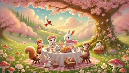 A Warm and Enchanting Scene of Animals Enjoying a Tea Party Under Blooming Cherry Blossoms in a Soft Pastel Landscape