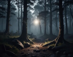 Dark mysterious forest scene with a single glowing light source , forest, shadow, solitude