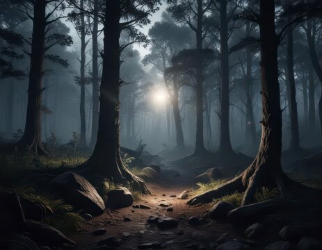 Dark mysterious forest scene with a single glowing light source ,  forest,  shadow,  solitude