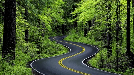 Obraz premium A winding road meanders through a lush green forest, surrounded by tall trees and vibrant foliage, inviting exploration and adventure.