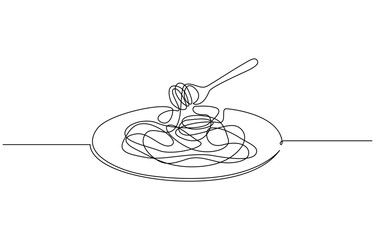 Fork with pasta in One Continuous line drawing. Italian spaghetti noodle for web banner and food, Pasta spaghetti noodle with fork in one continuous single line style isolated on white background.