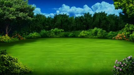 Lush green park, sunny sky, nature backdrop