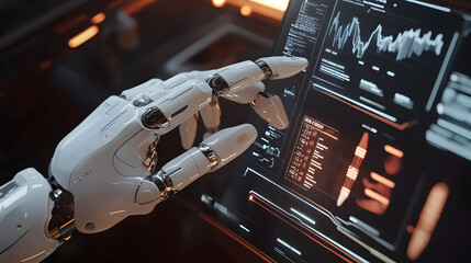 hand interacting with a holographic interface displaying data and graphs 