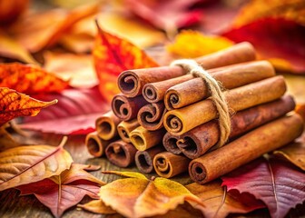 Autumn Still Life: Cinnamon Sticks and Fallen Leaves with High Depth of Field