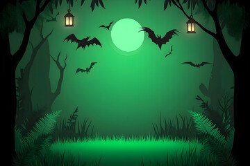 Halloween night forest scene, bats fly, moonlit background