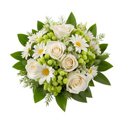Elegant white flower bouquet with roses and daisies, perfect for a wedding or celebration.