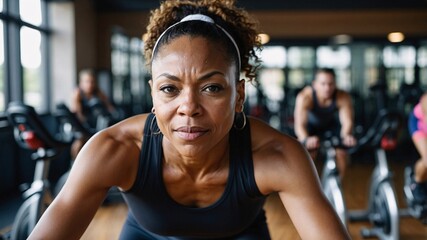 Fototapeta premium Empowerment in motion as a determined woman engages in a vigorous indoor cycling workout at a modern gym during a vibrant afternoon