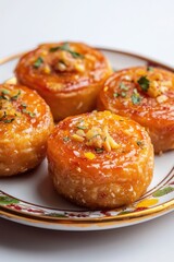 Three small, golden pastry bites with a shiny glaze and toppings, presented on an elegant plate.