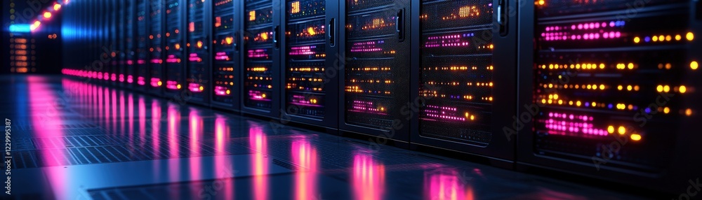 Poster row of server racks in a data center with blinking lights and cables connected to each unit