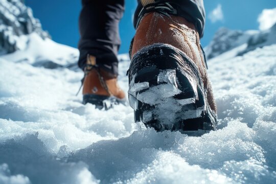 A lone hiker treks through the snow, leaving bootprints in the alpine landscape.