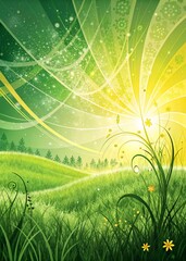 A vibrant green nature landscape with sunlit fields, sparkles, and soft hills. Perfect for eco-friendly designs, backgrounds, and nature themes