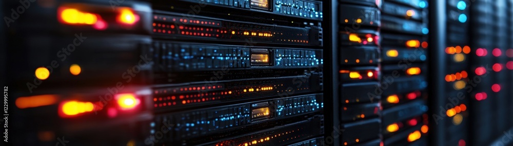 Poster row of servers in a data center with flashing lights and cables connected to each unit