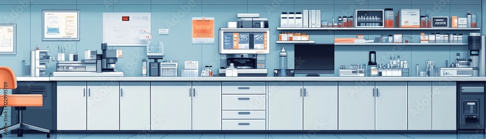 Poster desk with a chair and a computer setup in a modern office environment with minimalistic design