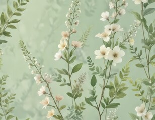 Delicate watercolor blooms on pale green leafy stems,  garden inspiration, ,  floral pattern