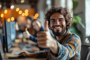 Obraz premium team celebrating success with thumbs up in modern office. atmosphere is positive and collaborative, showcasing teamwork and achievement