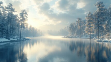 Fototapeta premium Winter Landscape With Calm Water and Snow-Covered Trees. Generative AI