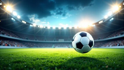 A captivating image featuring a soccer ball on a lush green field, illuminated by stadium lights.