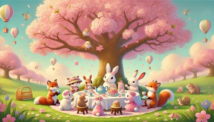 Obraz premium Adorable Tea Party Under a Blooming Sakura Tree: A Whimsical Storybook Illustration Featuring Playful Animals in a Pastel Spring Meadow