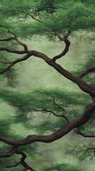 Misty forest, tree branches, green leaves, nature background, tranquil scene