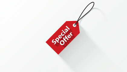 Minimalist flat picture of red tag with special offer text on plain white background with centered composition