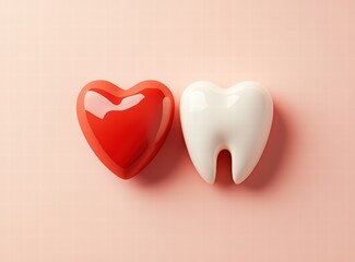 Fototapeta premium White tooth and red heart shape on a pastel peach background, a dental health concept. A Valentine's Day or love theme.