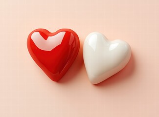 Fototapeta premium White tooth and red heart shape on a pastel peach background, a dental health concept. A Valentine's Day or love theme.