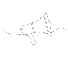 Obraz premium Public horn speaker in one continuous line drawing. Megaphone symbol of business and attention hire job. Speaker in simple linear style. Editable outline illustration