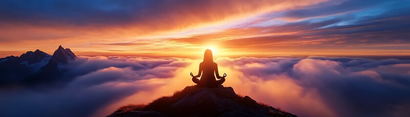 A serene figure meditates atop a mountain, surrounded by clouds, as the sun rises, casting warm hues across the sky.