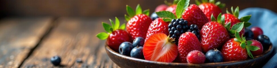 Colorful mixed berry platter on wooden table , fresh fruit, salad, berries