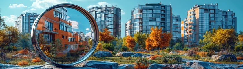 Reflective mirror positioned in an urban cityscape with buildings and street visible in the background