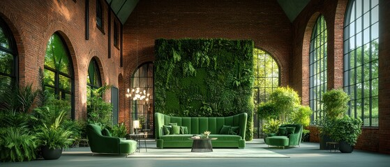 A modern green living space with lush plants and large windows, promoting relaxation and nature.