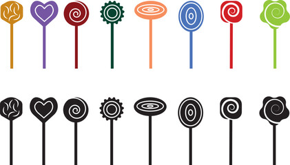 Sweets and candy icon set. Chocolate bars, caramel, toffee and lollipop on sticks, marmalade bears. Confectionery shop elements for birthday kids present cartoon flat isolated vector collection.