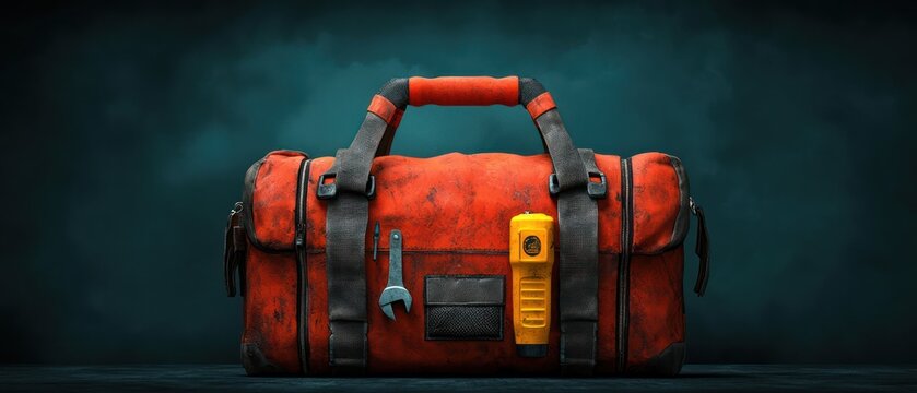 A worn red toolbox with a wrench and flashlight, ideal for carrying tools.