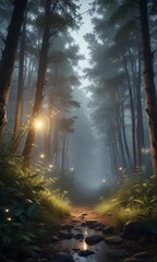 Fototapeta premium Dreamy forest with glowing fireflies and misty ambiance, mystical, forest, ambiance