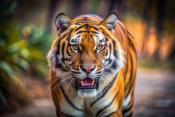 Bengal Tiger Walking, Open Mouth, Fangs, Soft Focus, Wildlife Stock Photo