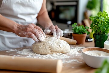 Fototapeta premium In a cozy kitchen, skilled hands knead dough surrounded by fresh herbs, highlighting the art of baking and the comforting atmosphere of homemade culinary delights.