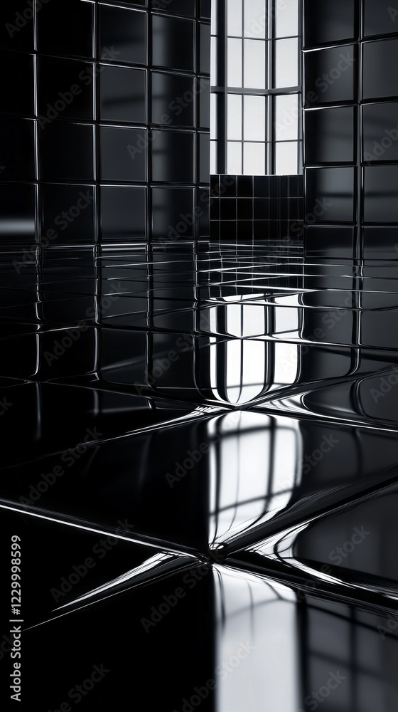 Poster reflective glossy black tiles cover the floor, enhancing the contrast with natural light streaming t