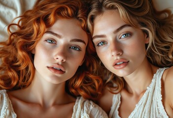 Obraz premium Two young women lie with their heads close together, creating a close-up portrait