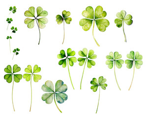 Four leaf clover, lucky leaf PNG concept. Collection of various green clover leaves on white isolated background.