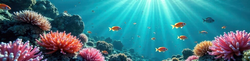 Fototapeta premium Submerged plastic bottles surround coral reef fish , underwater, plastic bottles