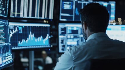 A dynamic trading floor with multiple computer monitors displaying stock market data, Stockbroker in professional attire analyzing the market trends, Stock market scene