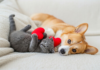 A sweet cat and a corgi dog cuddle together on a white bed, surrounded by cozy red knitted hearts.